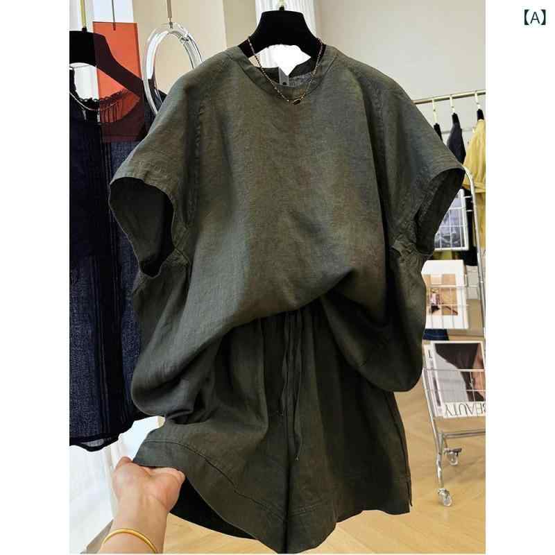 セットアップ レディース 上下セット リネン風 ブラウス ショートパンツ 半袖 無地 涼しい 通気性 動きやすい 楽ちん リラックス 部屋着 ルームウェア 夏服 普段着 お出かけ コーデいらず ゆったり 体型カバー｜やすらぎマーケット