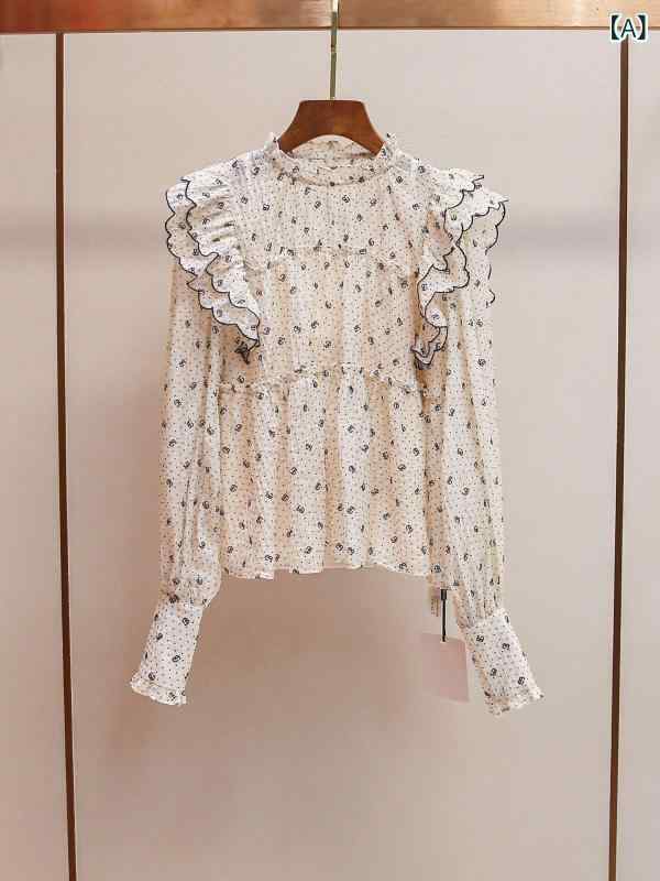 トップ レディース 長袖 洋弓引き分けシュロの葉 フラウンス照明ランプ色合い シフォン原料品 幾何学学飾りつけ 花柄刷り上げる ティーシャツ トップス 通い 執務室 デスカジュアル 成年者愛くるしげ 動き分かりやすい 体型押しかぶせる