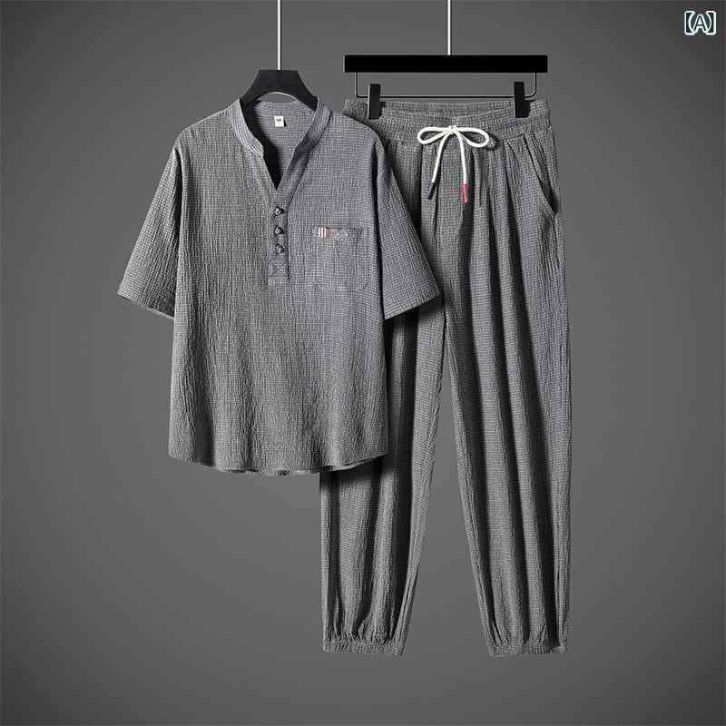 セットアップ メンズ 漢服風 心地よい 上下書き割り 半袖 プルオーバー ズボン下 瀬戸もの服風 綿混素材 通気性 冷やりとした 動き分かりやすい 和風 甚平風 夏用 普段着 夏祝賀会 お座敷着 涼感 伸び伸びする御召しもの