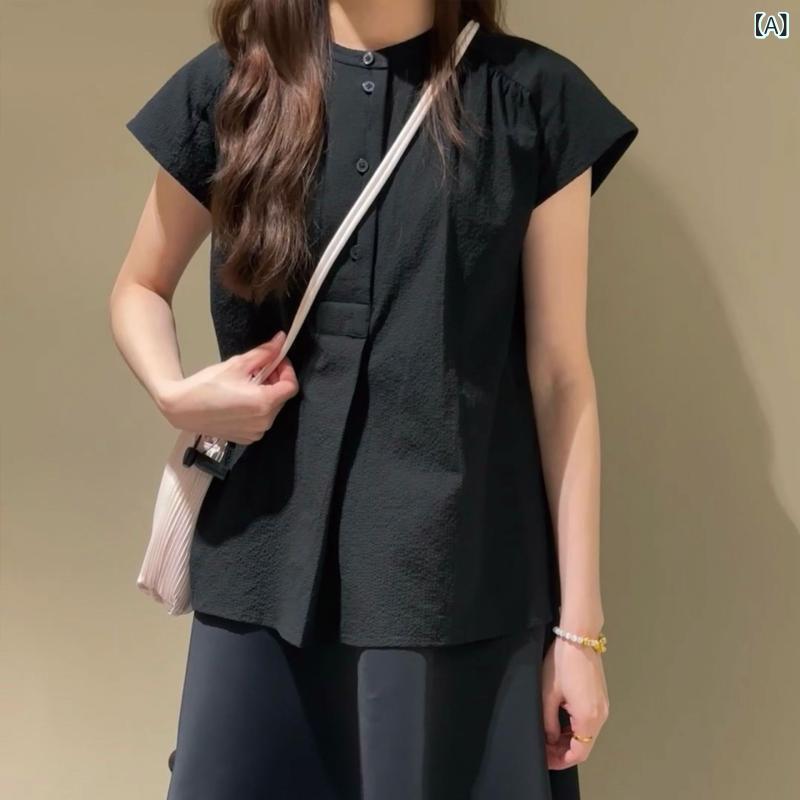トップ レディース 半袖 フレンチ衣袂 綿織物原料品 ティーシャツ プルオーバー 立体感 通気性 冷やりとした トップス 無地 立ち襟 体型取りまかなう ゆったり 二の腕取りまかなう 通い 心地よい 事務室 分かりやすい