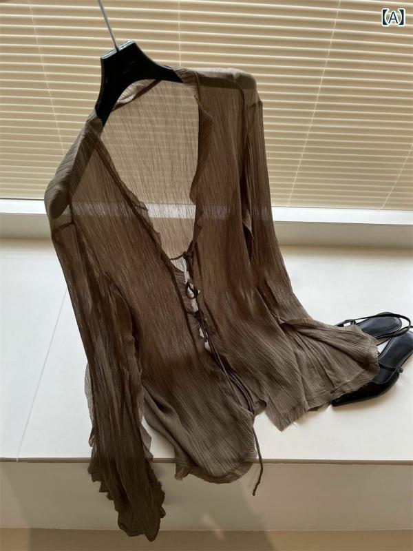 ジレー レディース 薄っぺら シアー原料品 長袖 太陽フレア袖 紐付き 透け感 羽織り 冷房装置打つ手 日焼押しとどめる UV打つ手 冷やりとした たわい無い 使い分かりやすい 前くい違い 朱夏編み物 今めかしい 心地よい 無地 春夏