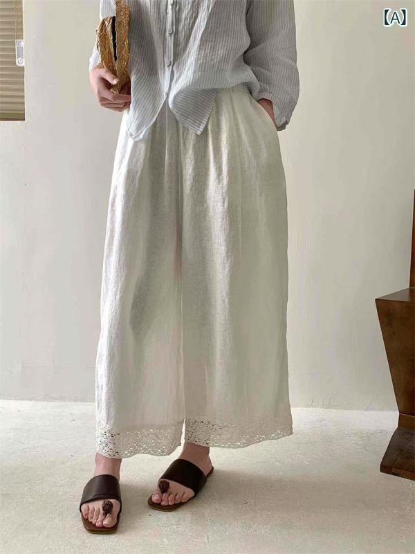 ワイドパンツ レディース リネン混 レース 花柄 切り替え バルーンパンツ クロップド丈 ゆったり 体型カバー 通気性 涼しい 春夏 カジュアル ボトムス アンクル丈 ナチュラル 動きやすい｜やすらぎマーケット