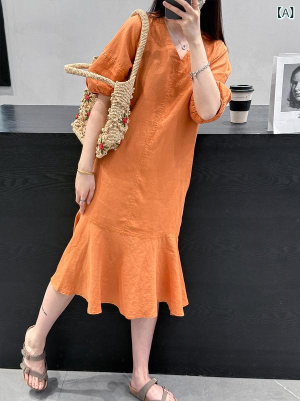 衣裳 レディース リネン混 Vのど首 パフ衣袂 フィッシュテール ロング丈 太陽フレア影ぼうし 自然的感 リネン衣裳 冷やりとした 通気性 動き分かりやすい 好いたらしいめロングスコート 春夏