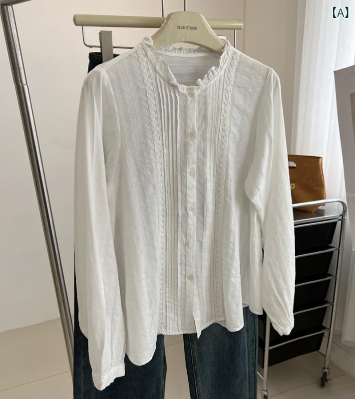 トップ レディース フラウンス 長袖ティーシャツ 白いこと 無地 女子らしい パフ衣袂 トップス 花の冠yd風 立ち襟 雅びやか 事務室 通い きちんと感 日月 今めかしい 体型取りまかなう 着回しし分かりやすい
