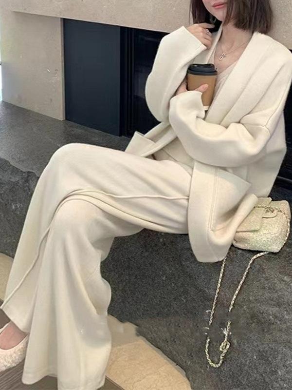 ニット セットアップ レディース 秋冬 3点セット Vネック カーディガン ロングパンツ ワイドパンツ 上品 きれいめ 着回し 体型カバー 大人 カジュアル 部屋着 ワンマイルウェア お出かけ 暖かい 柔らかい 伸縮性 ストレッチ ゆったり リラックス ｜やすらぎマーケット
