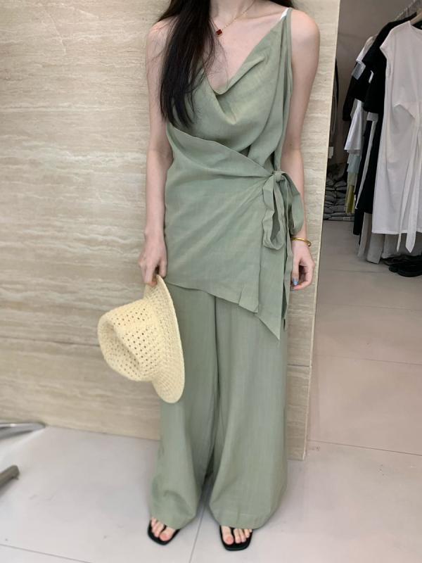 セットアップ 素材 キャミソール ワイドパンツ レディース 上下セット リボン 涼しい 体型カバー 美シルエット 着痩せ 大人カジュアル お出かけ 旅行 リゾート ワンマイルウェア デイリー 落ち感素材 華奢見え ゆったり 快適 爽やか 清涼感 ｜やすらぎマーケット