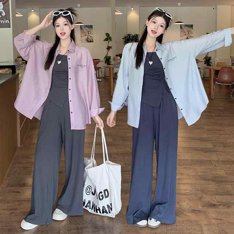 セットアップ 大きいサイズ 3点 シャツ ワイドパンツ キャミソール コーディネート不要 万能 着回し 体型カバー ゆったり シルエット カジュアル お出かけ 旅行 普段使い ウエストゴム リラックス ロング丈 ストレートパンツ シンプル 無地 ぽっちゃ|やすらぎマーケット
