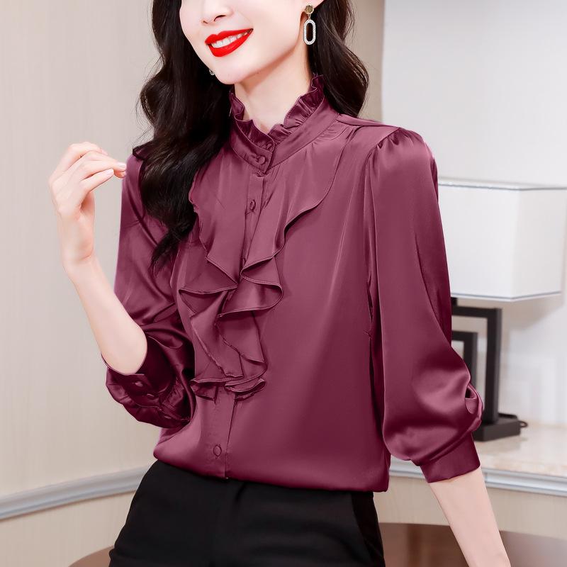シャツ レディース シルクシャツ ブラウス 長袖 スタンドカラー 絹100% ホワイト 無地 トップス オフィス 通勤 事務服 ビジネス フォーマル シンプル シャツ インナー 春秋冬 厚手 ワークウェア ストレッチ性 光沢感｜やすらぎマーケット