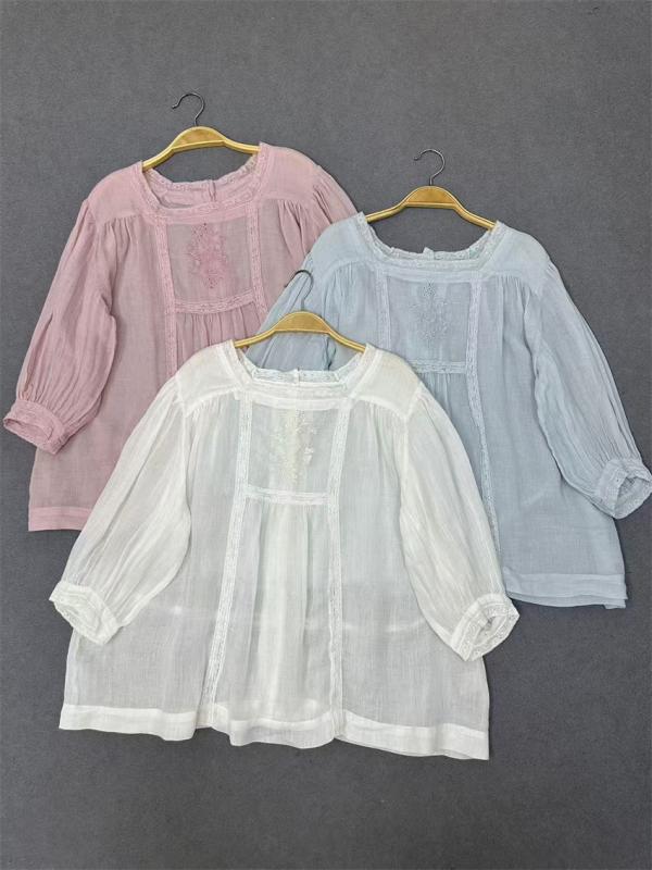 ブラウス レディース リネン100% 刺繍 5分袖 前後2WAY シャツ トップス レース スナップボタン 麻 涼しい 春夏 素材 大人 カジュアル ナチュラル ゆったり 五分袖 チュニック 白｜やすらぎマーケット