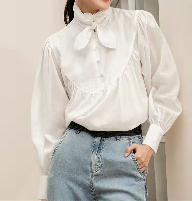ブラウス レディース 長袖 シャツ 白 コットン 綿100% 無地 トップス ヴィンテージ風 立ち襟 ゆったり 体型カバー カジュアル オフィス 通勤 通学 シンプル ナチュラル チュニック 大きいサイズ 春秋冬 おしゃれ かわいい 前開き ボタン 柔|やすらぎマーケット