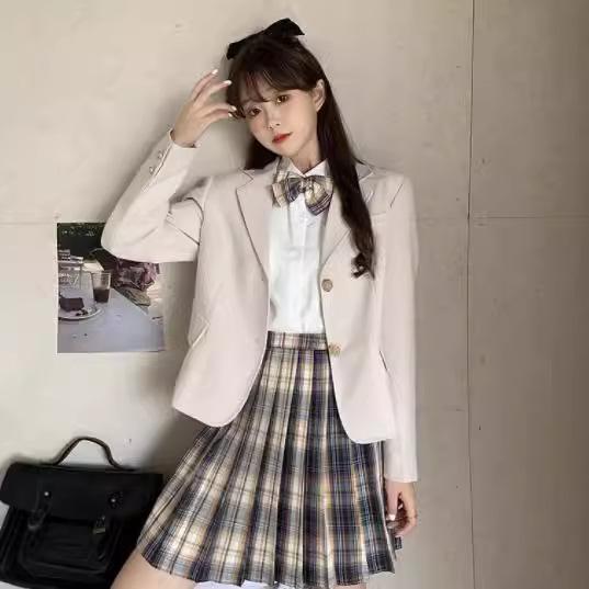 JK制服 レディース ブレザー ジャケット プリーツスカート セットアップ チェック柄 学院風 秋冬 長袖 スクール 中学生 高校生 女子高生 通学 入学式 卒業式 発表会 スーツ フォーマル 2点セット リボン ｜やすらぎマーケット