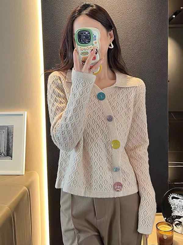 カーディガン レディース ポロ襟 襟付き ニット トップス 羽織り 透かし編み ボタン 前開き 長袖 無地 春秋 カジュアル 事務 冷房対策 オフィス 通勤 通学 普段着 重ね着 レイヤード シンプル セーター｜やすらぎマーケット