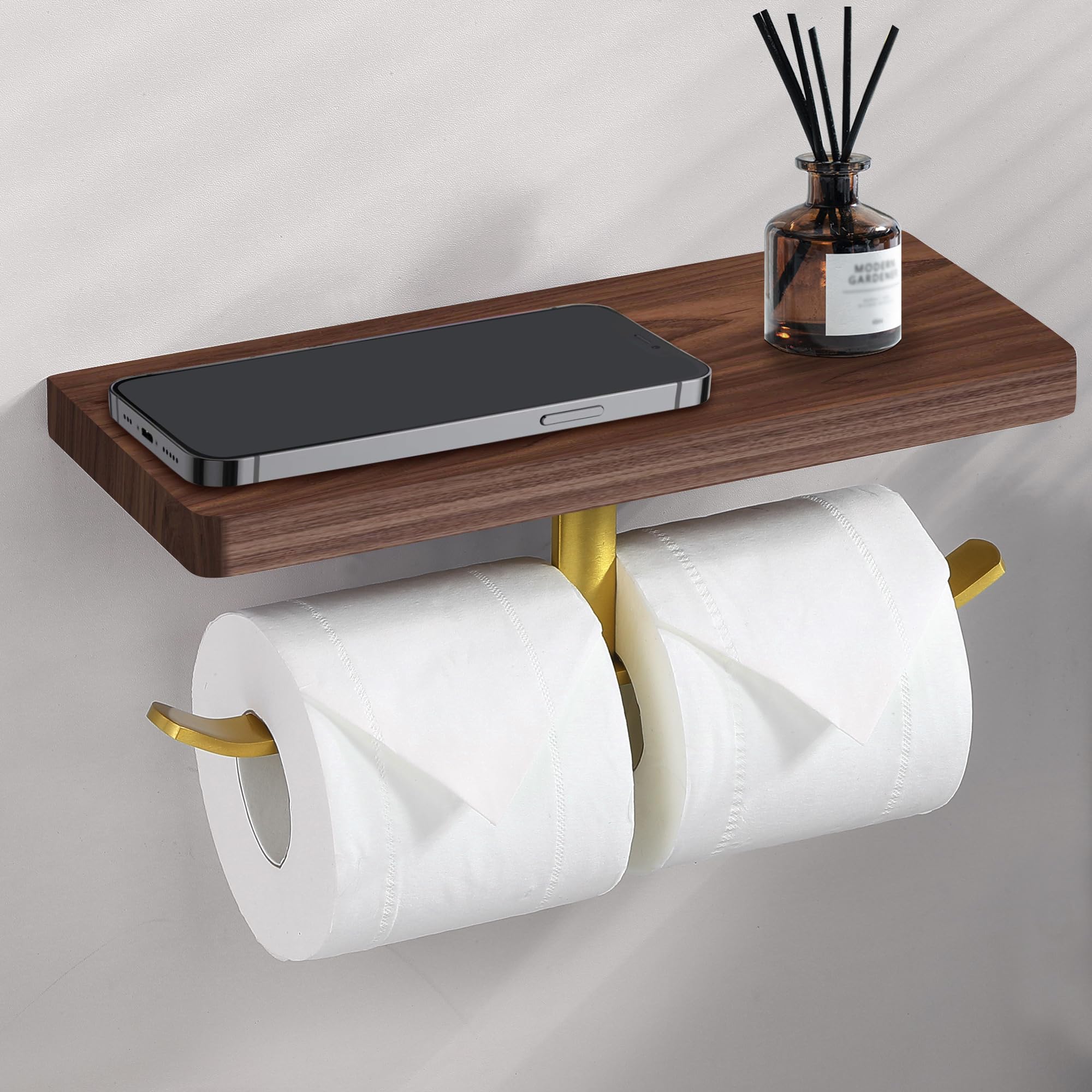 トイレットペーパーホルダー 紙巻器 小物置き スマホ置き 汚れに強い天板付き 棚付き 取り付け簡単 壁掛け 穴あけ不要 貼り付け 横から簡単取り替え 天然木 おしゃれ 浴室 耐荷重約5kg シン|やすらぎマーケット