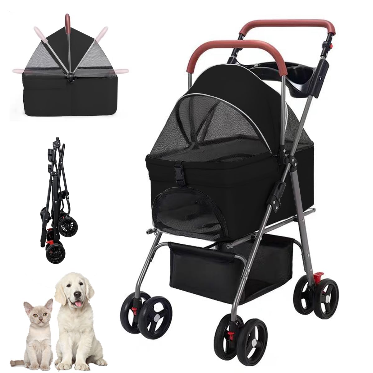 ペットカート 分離型 猫 犬用 バギー いぬ用 4輪 前輪360°回転 前後輪ブレーキ付き 組み立て簡単 コンパクト 軽量 折りたたみ式 耐荷重15Kg 猫 小型犬多頭 中型犬 飛び出し防止 分離型|やすらぎマーケット