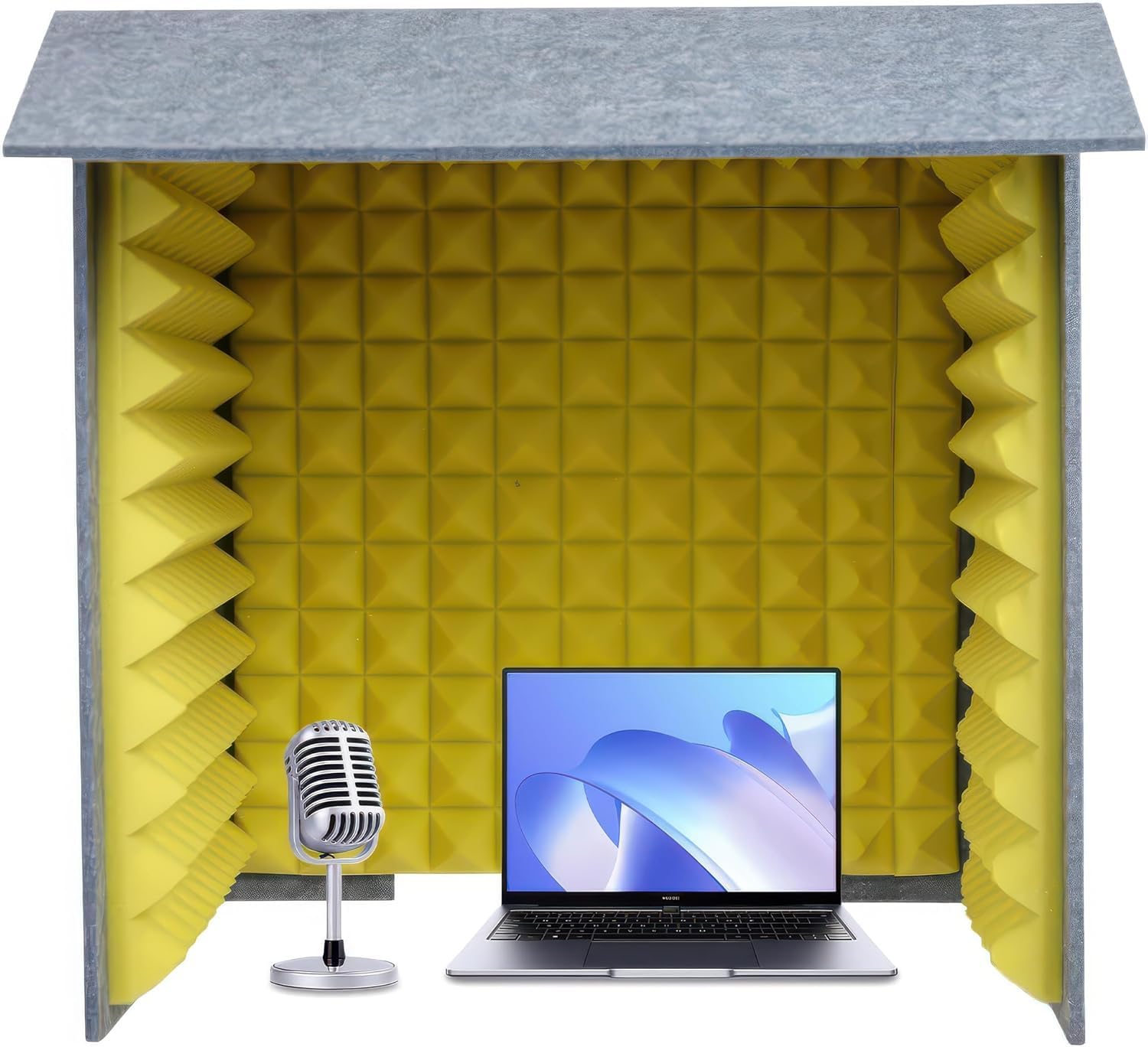 簡易防音ブース 1人用 80&times;80&times;80cm 吸音材5cm フェルト製 外側グレー 内側イエロー 吸音 遮音 ノイズ低減 卓上防音ボックス 在宅ワーク 電話営業 コールセンター オンライン商談｜やすらぎマーケット 17,078円