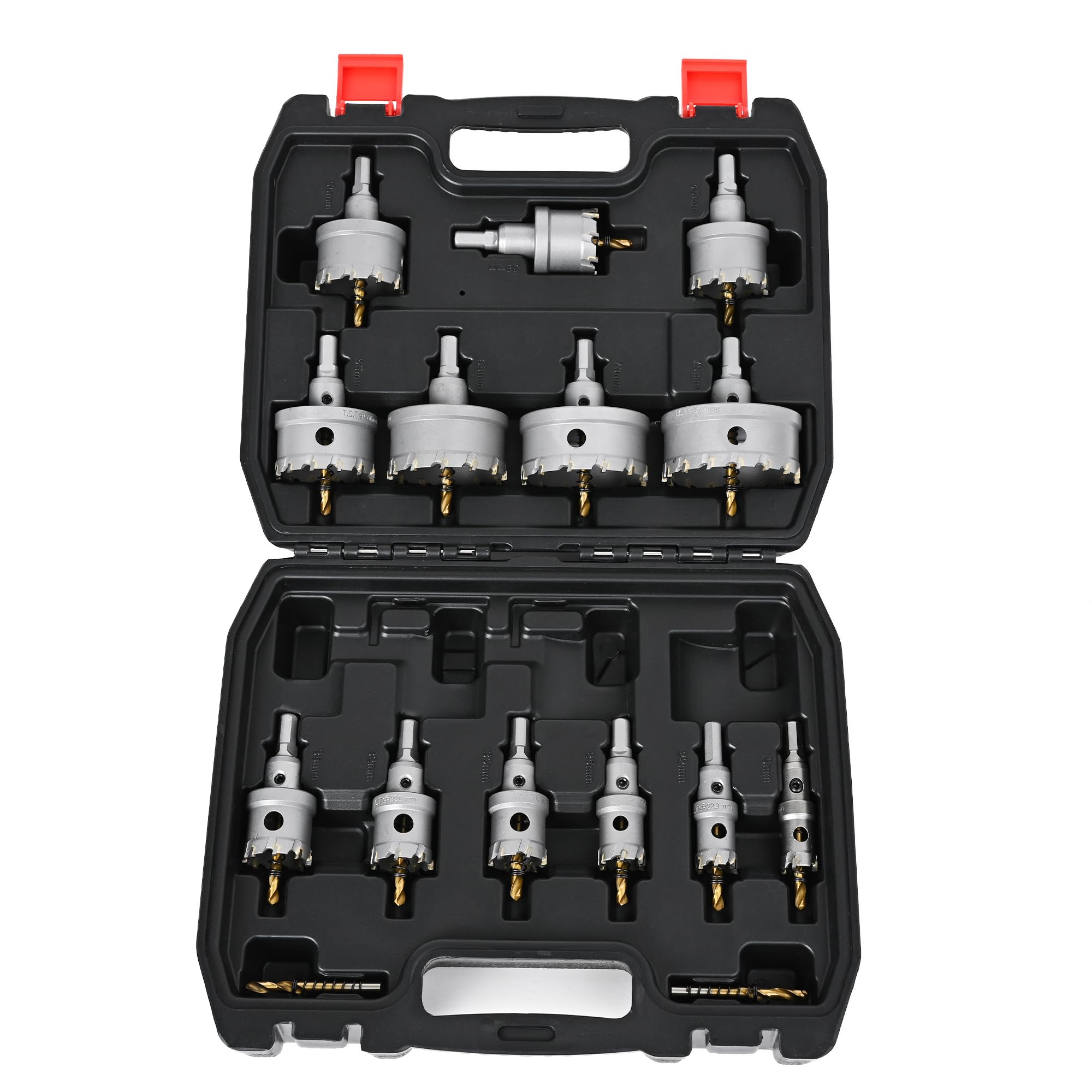 GEARMAN(ギアーマン) 超硬 ホールソー セット 13本 専用ケース 19mm 22mm 25mm 30mm 32mm 35mm 38mm 45mm 50mm 55mm 65mm 70mm 75mm コバルト製センタードリル2本付き｜やすらぎマーケット