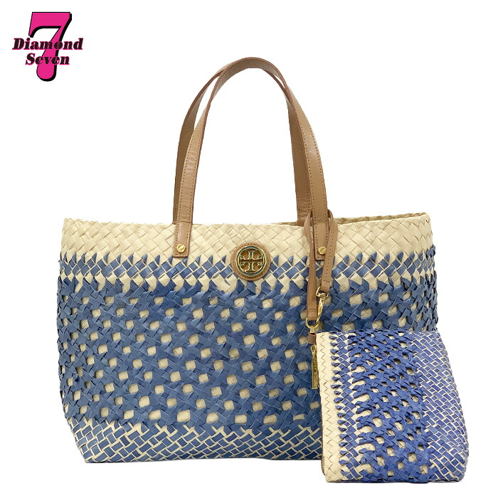 【中古】TORYBURCH トリーバーチ かごバッグ ポーチ付き ベージュ ブルー 青 白 軽量 軽い 夏 大きめ 浴衣 ビーチ 海 レジャー レディース 女性 *k932*|ダイヤモンドセブン店