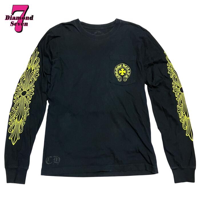 送料無料【中古】CHROME HEARTS クロムハーツ フローラルクロス プリント ロングスリーブ Tシャツ ロゴ バックプリント 長袖 カットソー クロム メンズ 男性 人気 コットン100％ ブラック ネオン イエロー ブランド #S 2212-304-0243