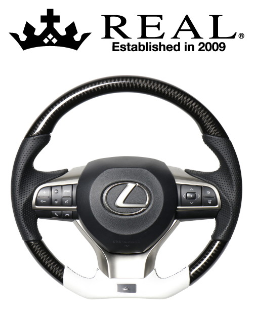REAL STEERING レクサスシリーズ レクサス GS 後期 10系用 カラー：ブラックカーボン&ホワイトレザー(LXA-BKC-WH)【ハンドル】【自動車パーツ】レアル ステアリング｜矢東タイヤ
