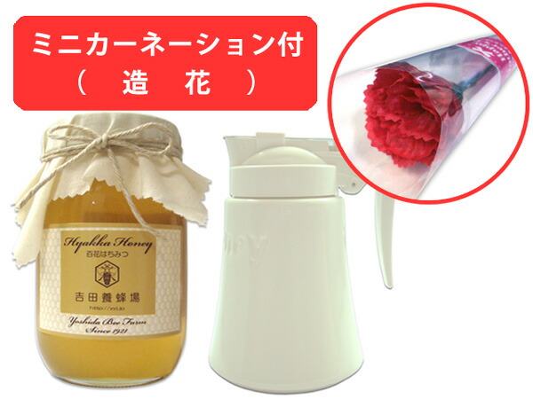 【母の日専用ギフト】【送料無料】国産百花はちみつ600g＆陶器製ハニーポットギフトセット(ミニカーネーションの造花付き)