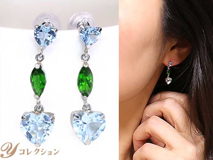 ◆20％OFFクーポン対象・マラソン限定◆ハートのアクアマリン＆グリーンガーネットのトリロジー縦ラインピアス PT900（各種地金・金具対応可）/送料無料｜拘りジュエリーSHOP Yコレクション