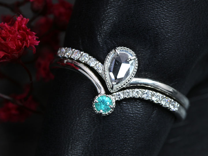 ◆20%OFFクーポン対象・マラソン限定◆【ローズカットダイヤ】ペアシェイプカットのダイヤモンド0.10ct&パライバトルマリンの2連 V字デザイン PT900 プラチナ リング・指輪 受注品/送料無料|拘りジュエリーSHOP Yコレクション