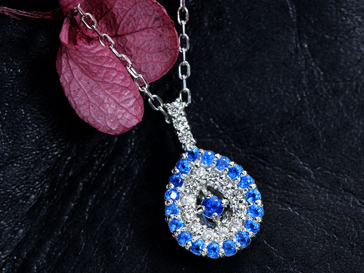 ◆20%OFFクーポン対象・マラソン限定◆アウイナイト0.11ct 雫シェイプ ダイヤとのコントラスト抜群 濃厚コバルトブルー・ドイツの稀少石 PTプラチナ ペンダントネックレス 受注品/送料無料|拘りジュエリーSHOP Yコレクション