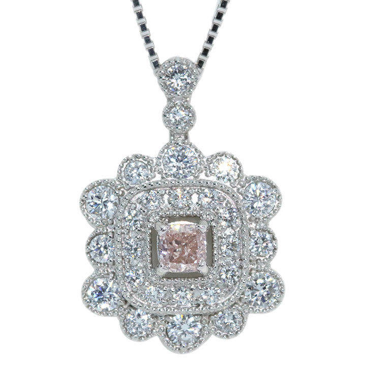 ◆30％OFFクーポン対象・マラソン限定◆ピンクダイヤモンド 0.185カラット FANCY ORNGY PINK I1 ダイヤモンド 0.52カラット PT950（トップ)/PT850（チェーン） プラチナ ペンダントネックレス 大粒 明瞭発色 ダイヤ取り巻き 1点もの｜拘りジュエリーSHOP Yコレクション 297,000円