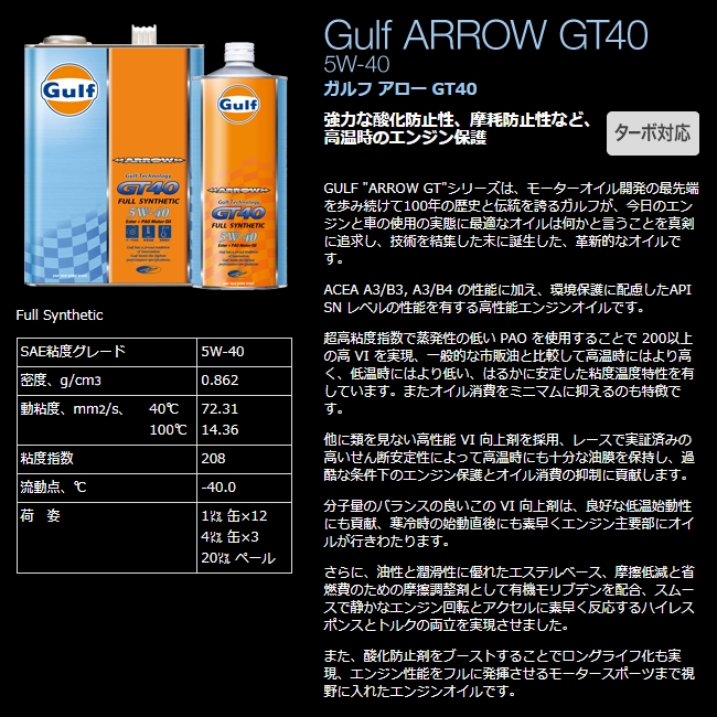 100%品質保証! Gulf ARROW GT40 ガルフ アロー 5W-40 4L缶×1ヶ