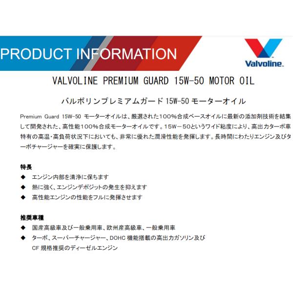 本物保証! Valvoline バルボリン Premium Guard 15W-50 プレミアムガード エンジンオイル 20L 100%合成油  fucoa.cl