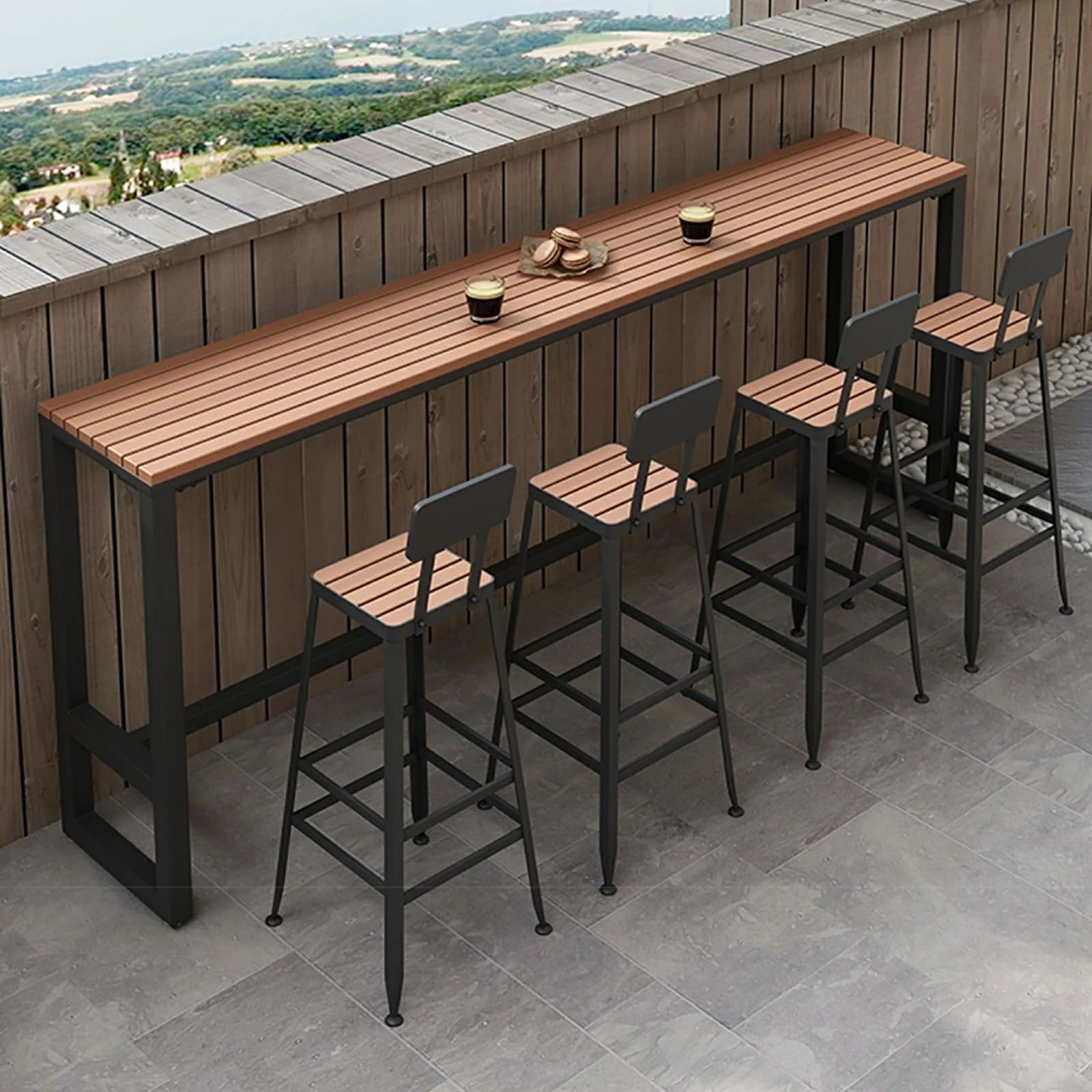 ベランダ テーブルセット 5点セット カウンターテーブル カウンターチェア 屋外 ダイニングテーブル カフェテーブル ガーデンファニチャー 屋外テーブル プラスチック製の木製のテーブルトップ 金属フレーム 屋内/屋外 防水性と耐日光性 お手入れが簡単｜YHBOX店