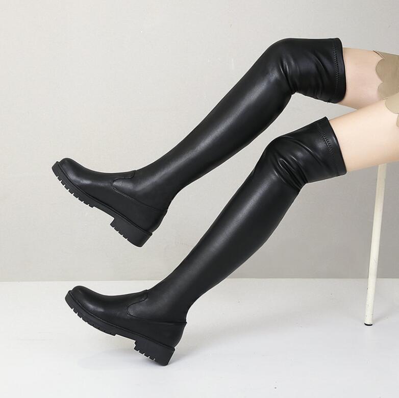 ニーハイブーツ エンジニアブーツ　ジョッキーブーツ 美脚 ローヒール4cm ブーツ ストレッチ