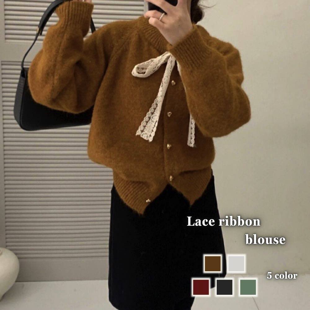 レディース レースリボンブラウス シフォン カジュアル ボウタイ オフィス スーツ 厚手 春 事務服 レース 長袖 黒 フリ