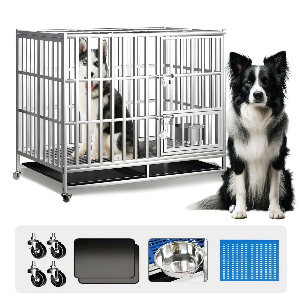 犬 ケージ 小型犬 中型犬 大型犬 ステンレス鋼製 犬ゲージ 頑丈な犬用ケージ 犬小屋 折り畳み式 ダブルドア/トレー/マット/給餌|YHBOX店