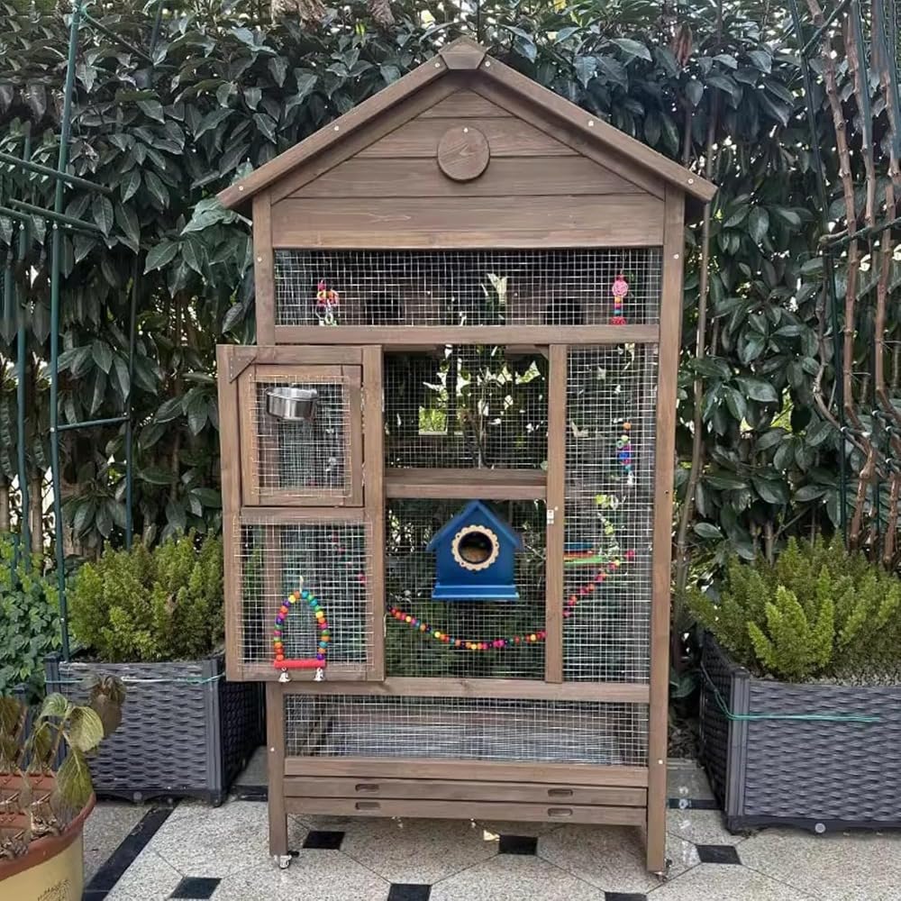 インコ 室外 木製 鳥かご トリカゴ バッジー 鳥籠 大型 防風取りまかなう 取りはずし能力のあるな底お盆 サイレントユニバーサルキャス