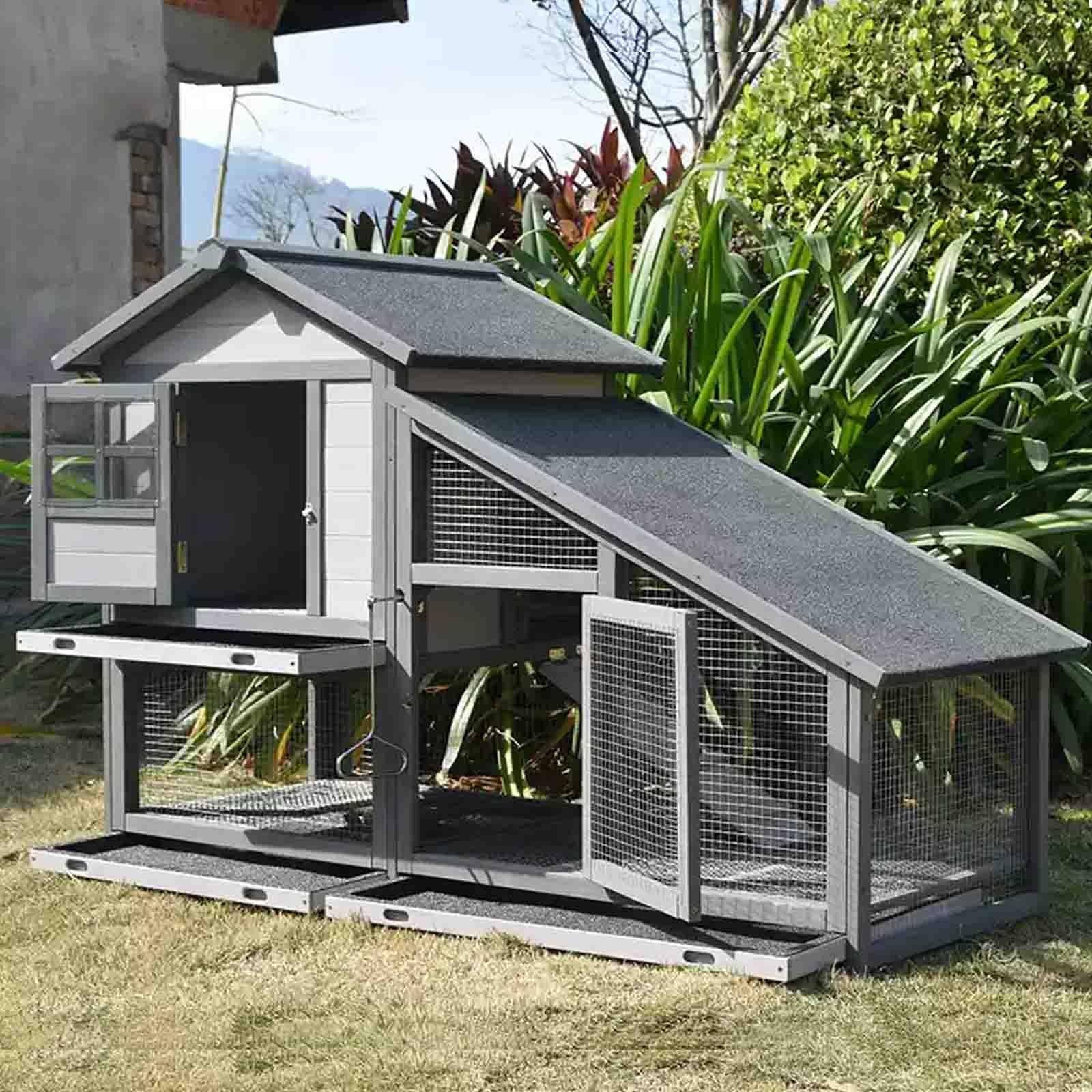 家兎 伏せ篭 大型家兎掘ったて小屋、2層式木製露天家兎棲み家、目こぼし押しとどめる抽き出し御盆、傾斜面、雨合羽大屋根付き添い人