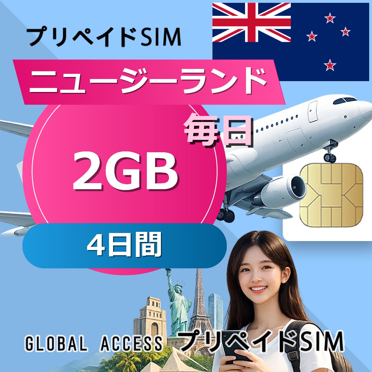 【楽天市場】データ通信SIM ニュージーランド 2GB / 毎日 4日間 プリペイドSIM SIMカード SIMプリー 低速データ無制限 ...