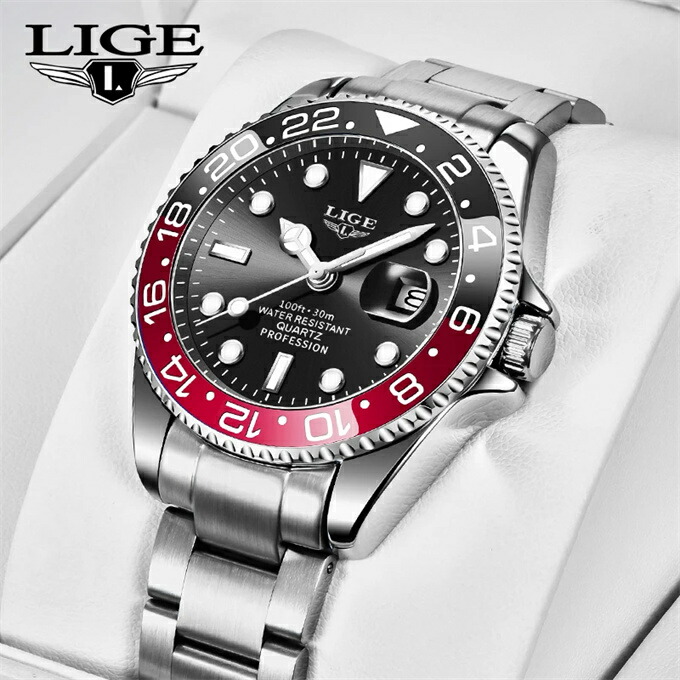 Lige-男性用ステンレス鋼クォーツ時計,発光,防水カレンダー,時計,ビジネス,高級ブランド