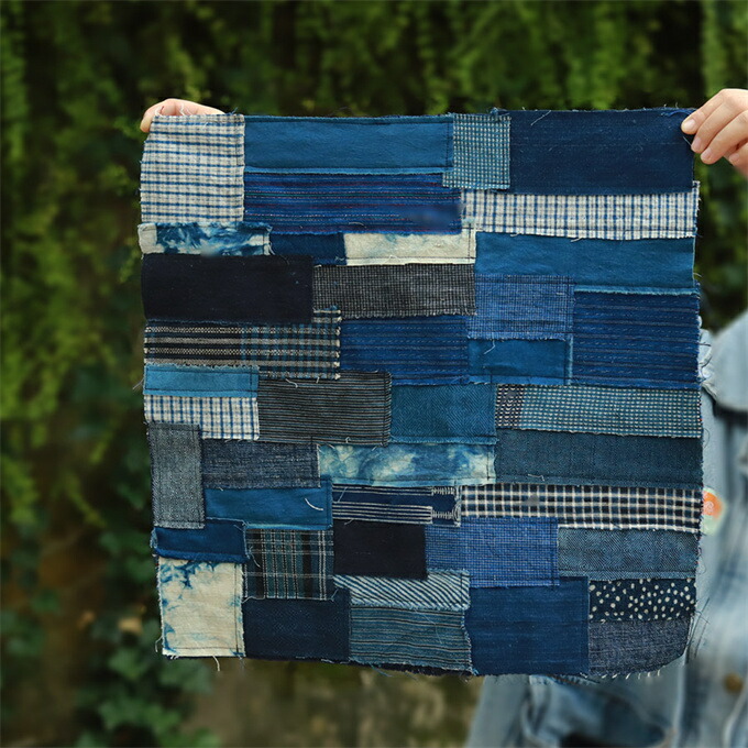ハンドメイド ハンドメイド藍染古布 四角つなぎのマット パッチワーク
