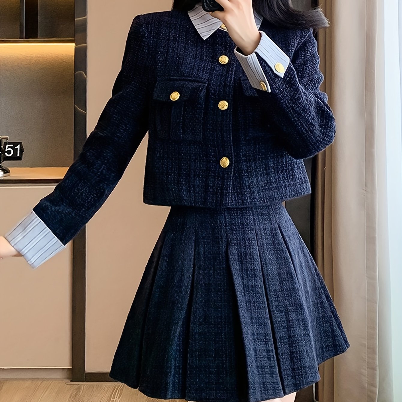 秋冬新作 厚手 小香り風ステッチ ショートジャケット ハイウエスト カバークロスプリーツスカート セット