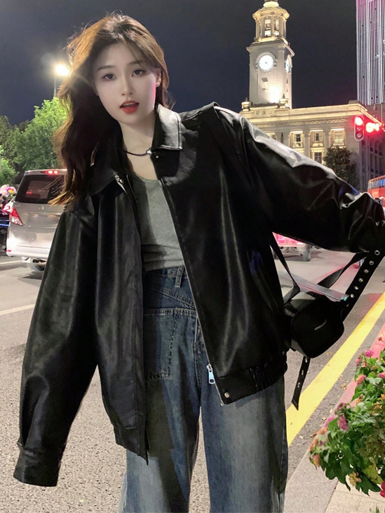 2025年新作 黒フェイクレザージャケット、韓国表現スタイル 濫りがわしい襟 長袖 ライダースジャケット、秋