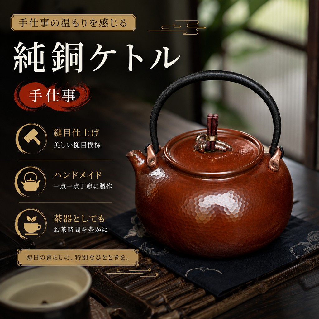 純銅 ケトル ハンドメイド 手作り 鎚目仕上げ 湯沸かしケトル 約750ml 銅製 やかん 茶器 おしゃれ キッチン用品上質 シンプル 日常使い｜逸品LIFE