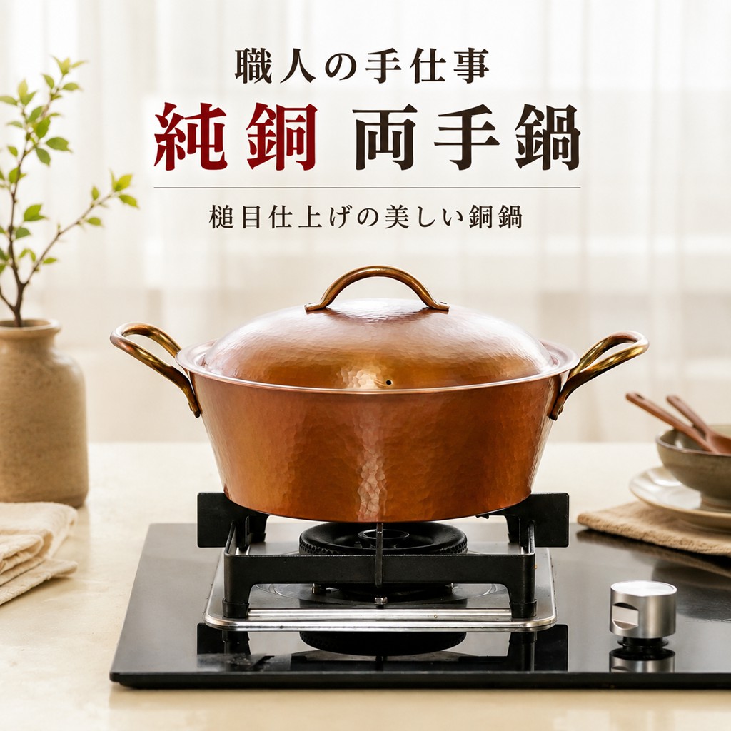 純銅 両手鍋 24cm 蓋付き 手作り ハンドメイド 槌目仕上げ 銅製 両手なべ 深型 調理鍋 煮込み鍋 スープ鍋 卓上鍋 キッチン用品|逸品LIFE