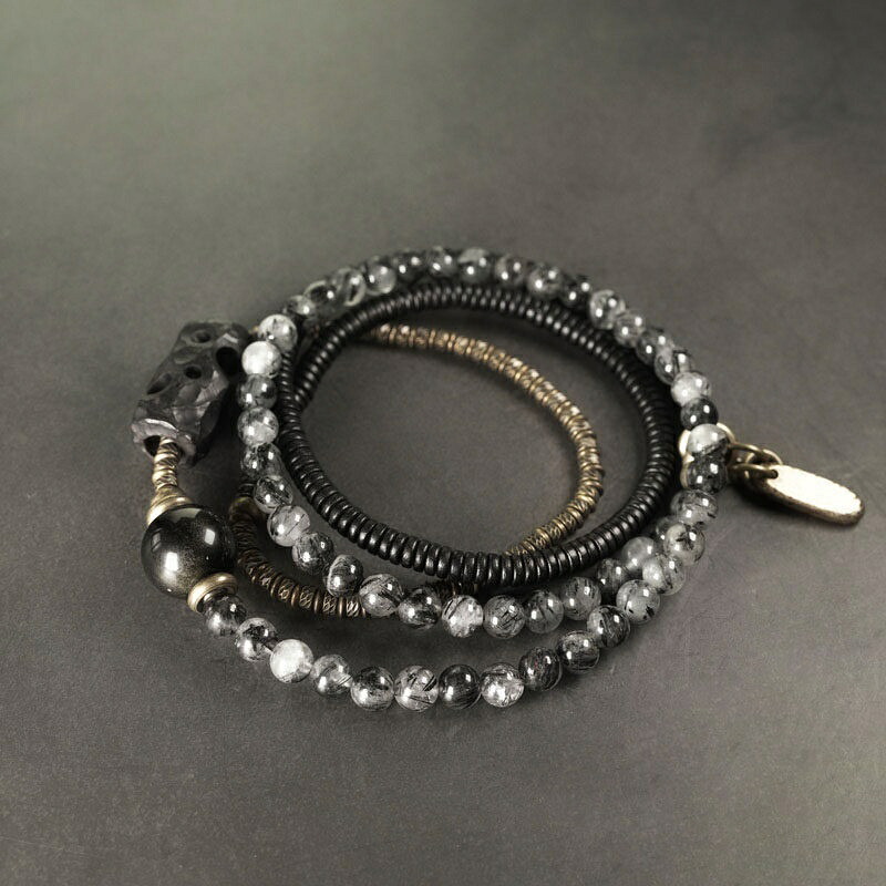 手作り黒檀と黒髪水晶のマルチブレスレット 2ウェイ仕様 多連巻きからネックレスへ ヴィンテージ風 男女兼用 手作り ハンドメイド アクセサリー プレゼント おしゃれ 誕生日 ギフト 数量限定