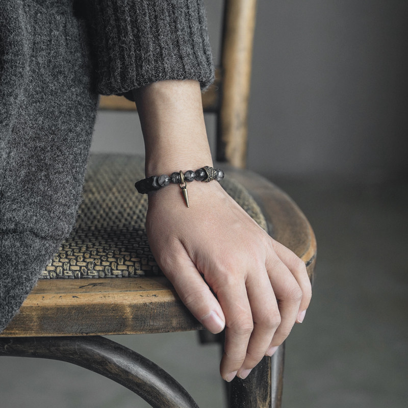 手作り黒檀と黒髪水晶のミックスブレスレット 異なる黒の質感が響き合う ヴィンテージ風 男女兼用 手作り ハンドメイド アクセサリー プレゼント おしゃれ 誕生日 ギフト 数量限定