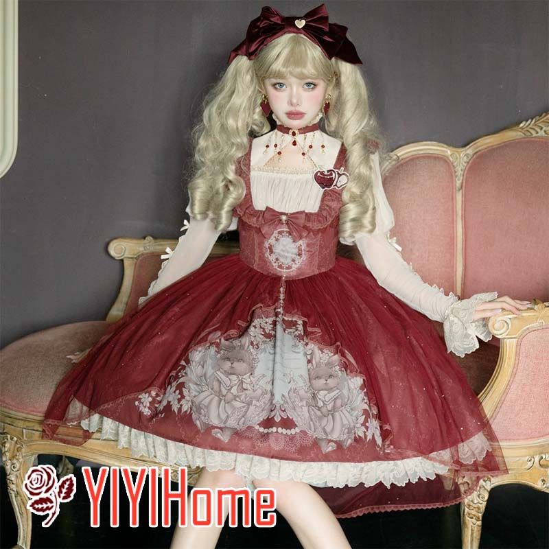 ワインレッド 楽園 ロリータ 可愛いLolita トップス　ワンピース 日常 甘めセット ガーリー 清楚系 コーデ レディース 撮影 お出かけ イベント コスプレ 仮装 ハロウィン フェミニン華やかスタイル 体型カバー 甘かわファッション｜YIYIHome