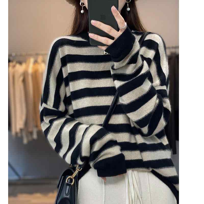スウェーター オシャレ 分かりやすい コーデ    服 惜しみ無い大いさ 縞模様 カワイイ 流行り物 ラウンドのど首 成年者カワイイ 絨毛 長袖 A：ストライプ