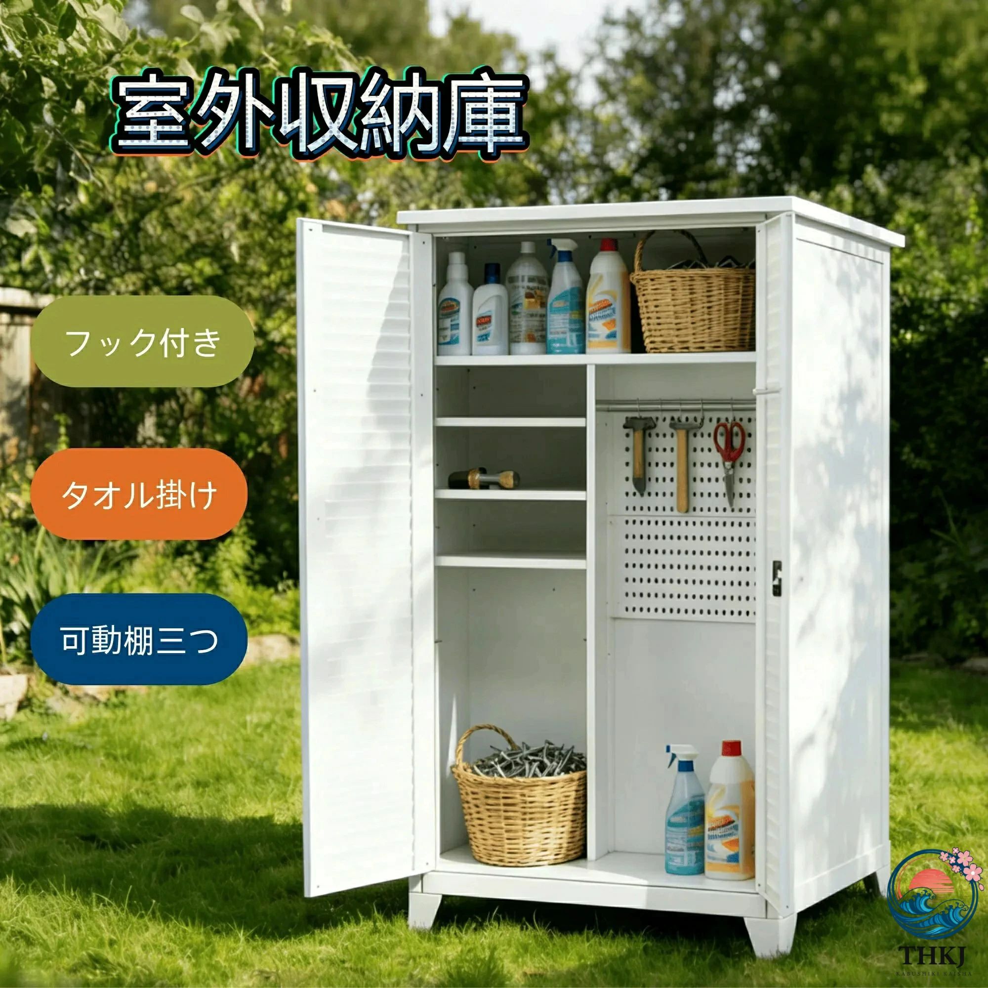 屋外大型収納庫 高さ185cm 両開きドア 鍵付き 収納ボード/収納ポール/タオル掛け付き 戸外物置倉庫 室外収納キャビネット 掃除用具ロッ