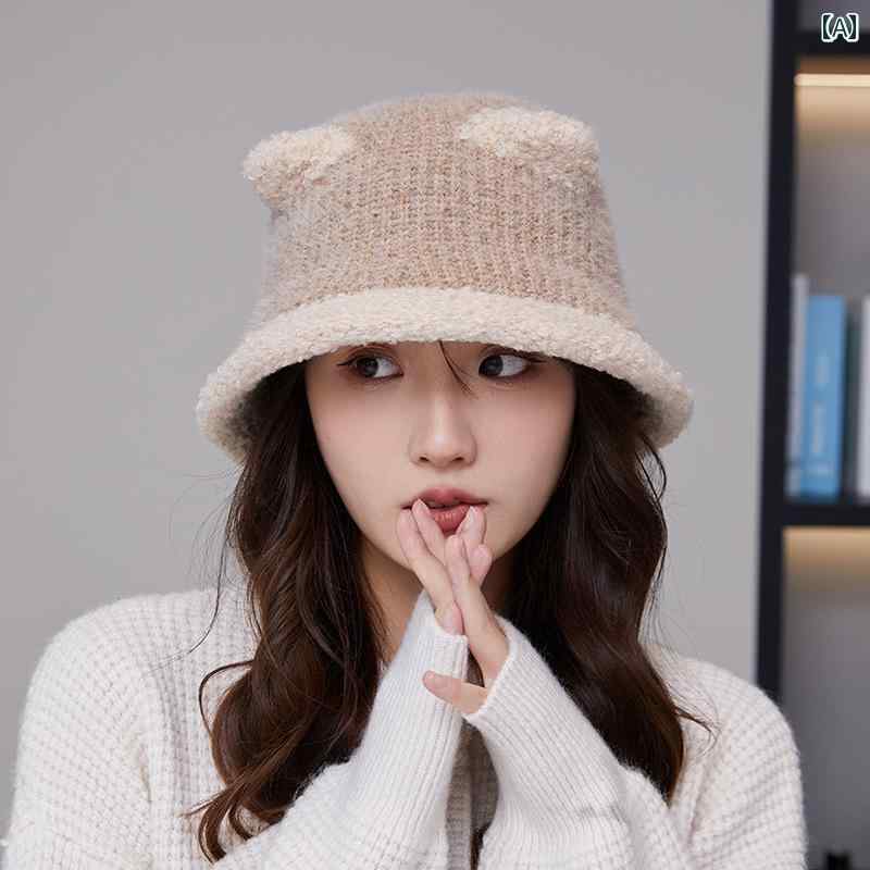 レディース ファッション 春秋冬 レディース かわいい クマ耳 耳付き バケットハット 女性 耳 ニット 帽子 おしゃれ ふわふわ もこもこ｜YKC8