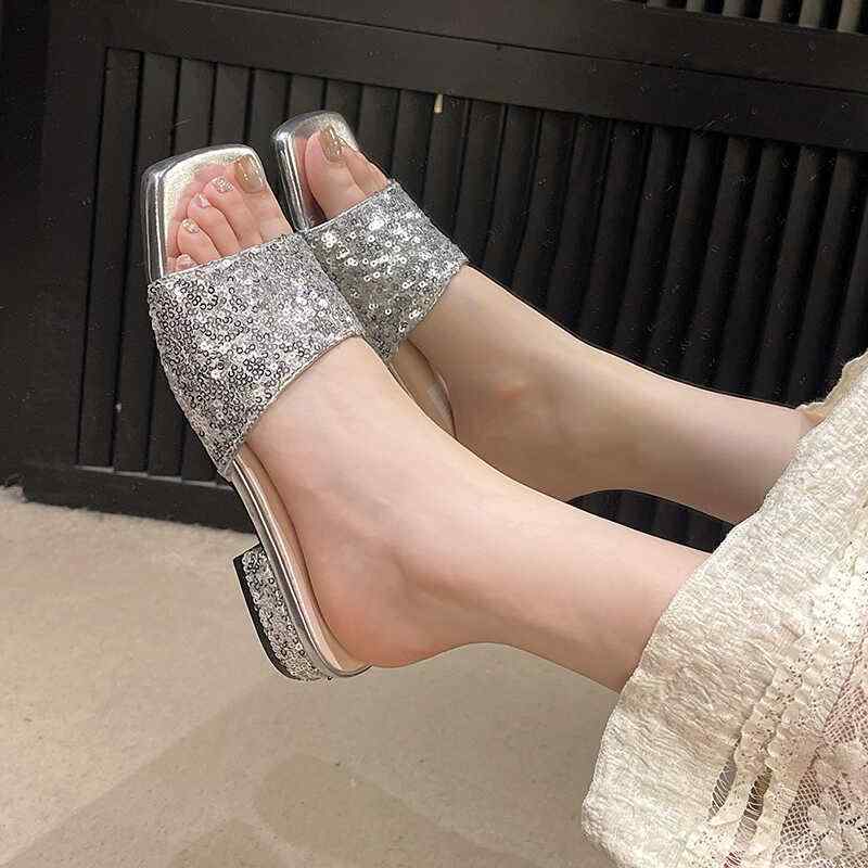 レディース 流行り物靴 シューズ 春夏 秋 レディース 愛くるしげ 今めかしい お上さん 海 スウィミングプール サンダル 踵 砂浜 スパンコール キラキラ ミュール 家庭用スリッパ